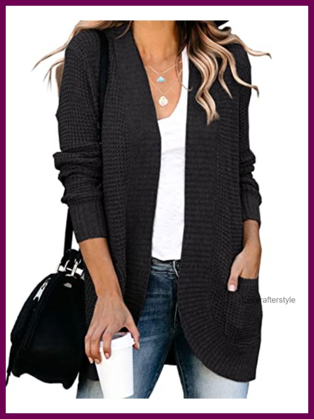 Waffle Knit Open Front Cardigan Long Sleeve Loose Fit Sweater with Pockets